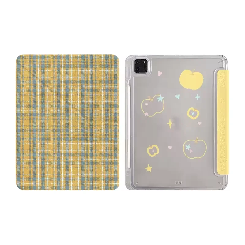 Korean Y+3 Fold Cream Plaid Cat Small Fish Dog For iPad Pro Air M5 M4 M3 M2 2 1 11th A16 12.9