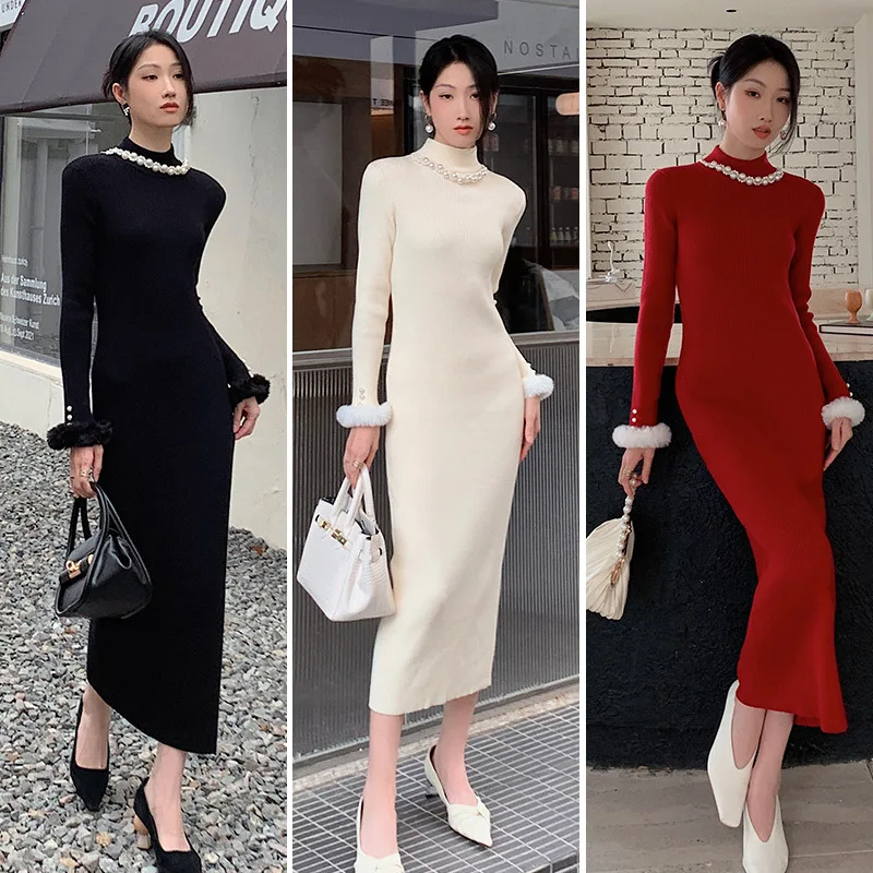 Autumn/Winter New Sweater Dress Pearl Necklace High Elastic Cuff Plush Over Knee knit Long Dress