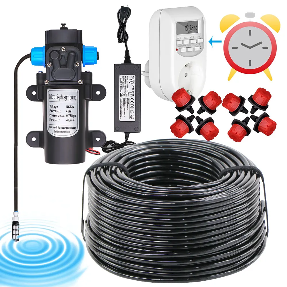 60W Self-Priming Pump Garden Watering Irrigation System Power Supply Timing 5-30M Drip Watering Kits for Plants Yard Greenhouse