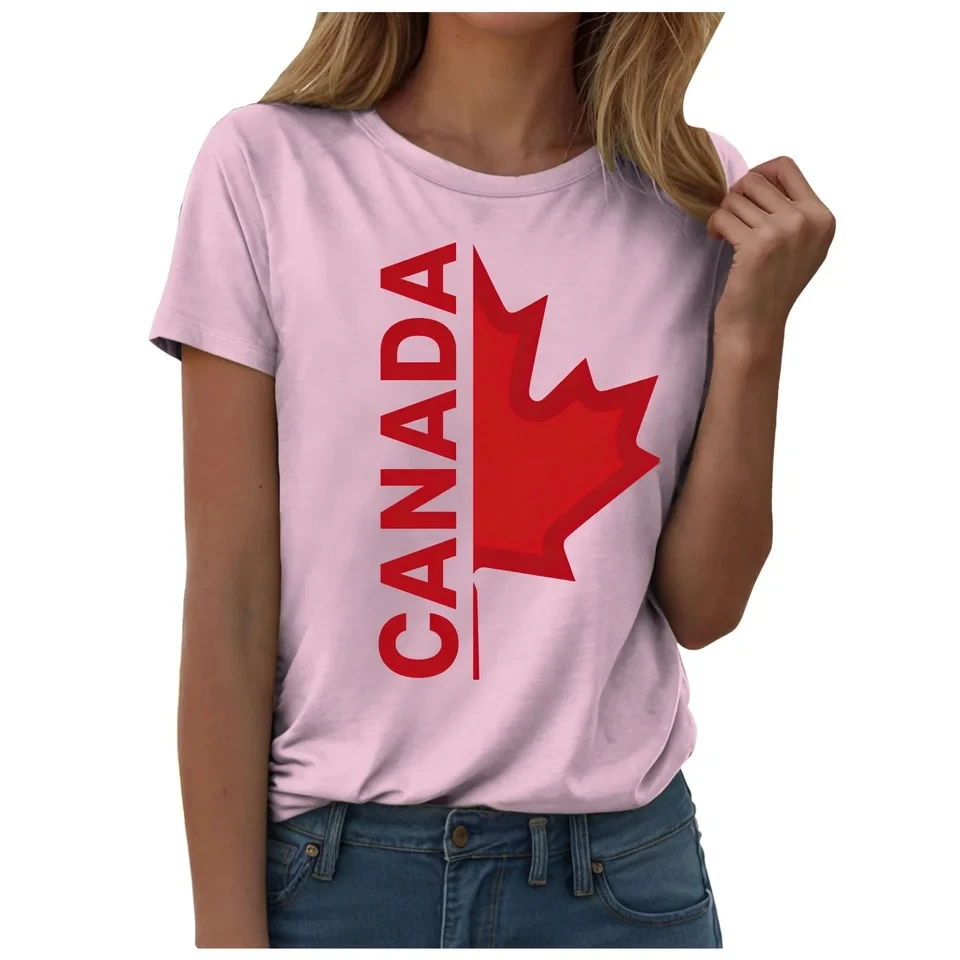 Canada Day Women T-Shirt Retro Maple Leaf Graphic Letter Print Tops Summer Casual Short Sleeve Tees Crew Neck Loose T Shirts