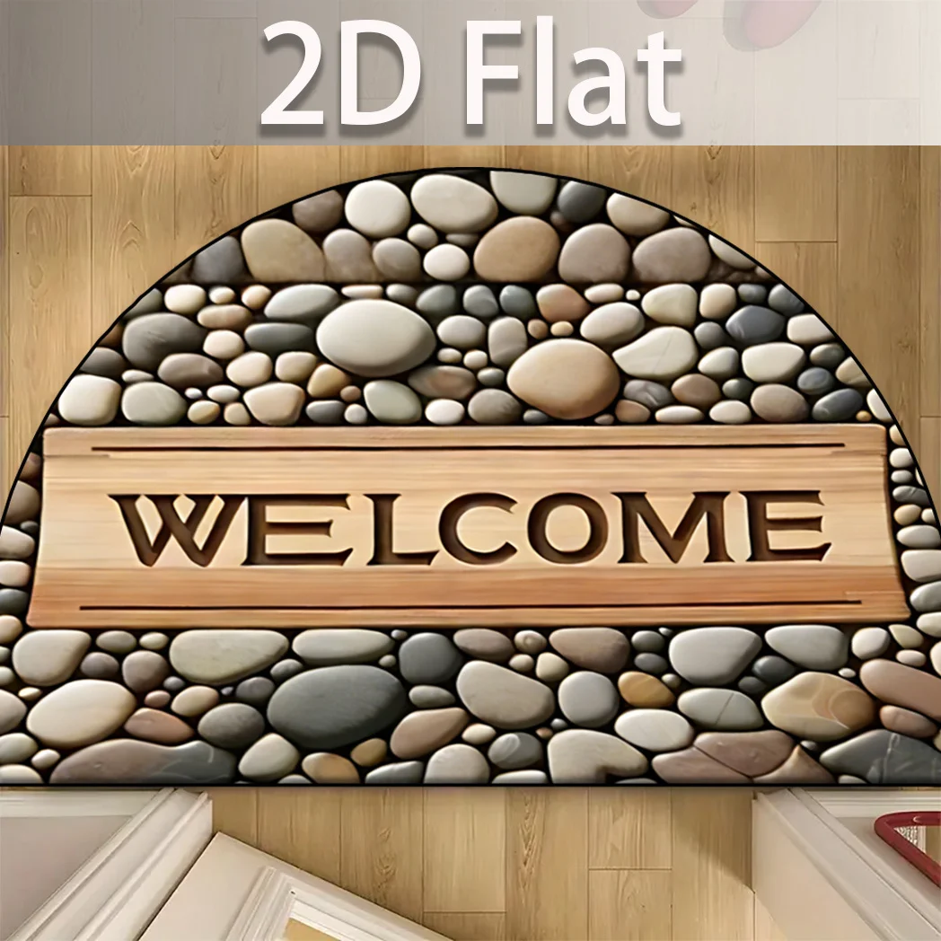 Natural Pebble Stone Wooden Board Welcome Script Non Slip Semicircle Doormat Minimalist Cottage Front Door Half Circle Mat