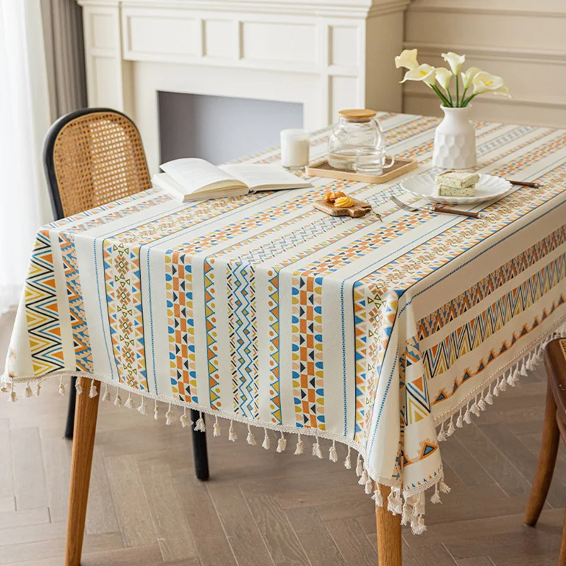 

Bohemian Tassel Tablecloth Waterproof Oil Proof Cotton Linen Fabric Rectangular Tablecloth Home Kitchen Decor Dining Table Cloth