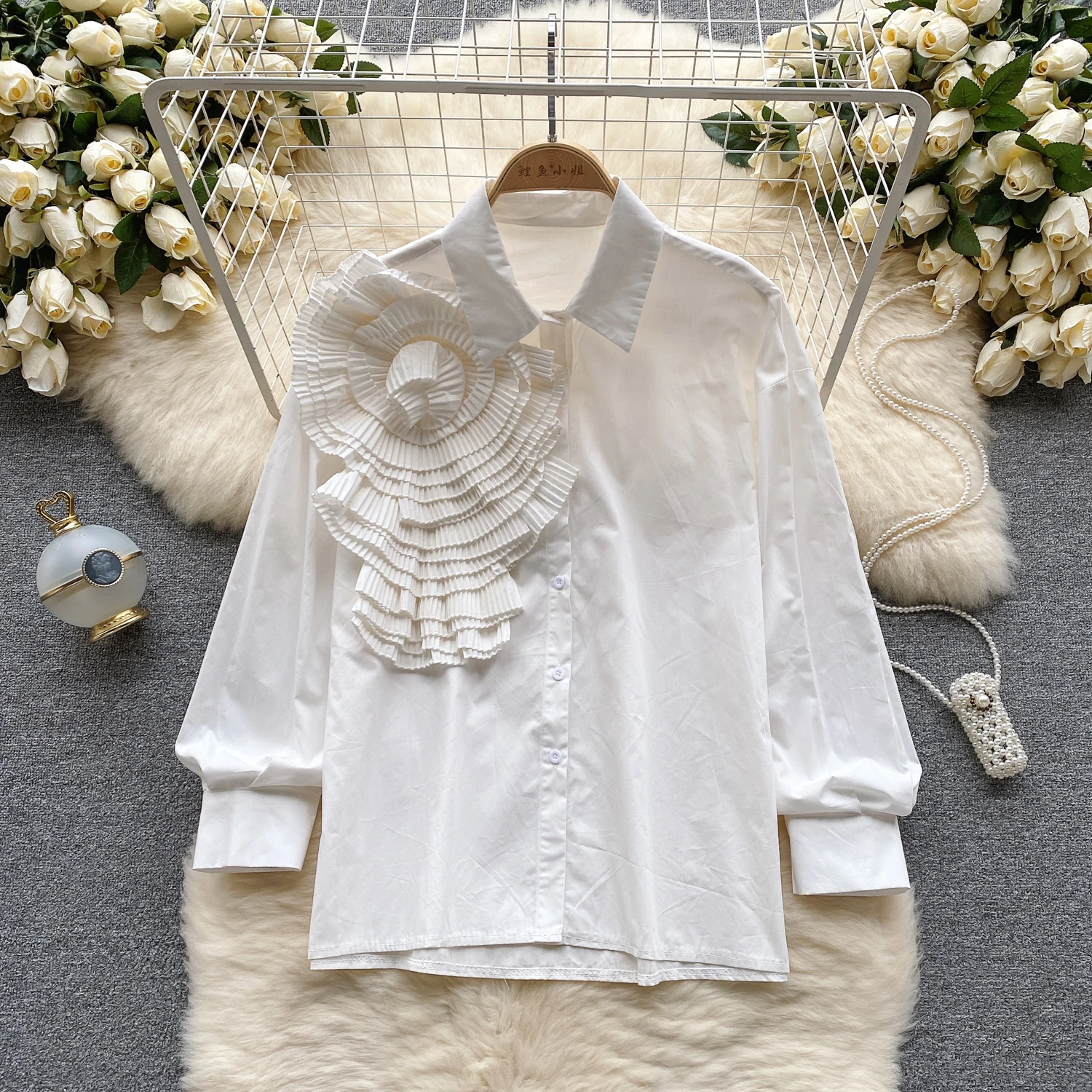 Chic Elegant Three-dimensional Floral Long Sleeve Loose Top Vintage Korean Ruffle  Camis Fairy Crop Top Autumn Women Clothing