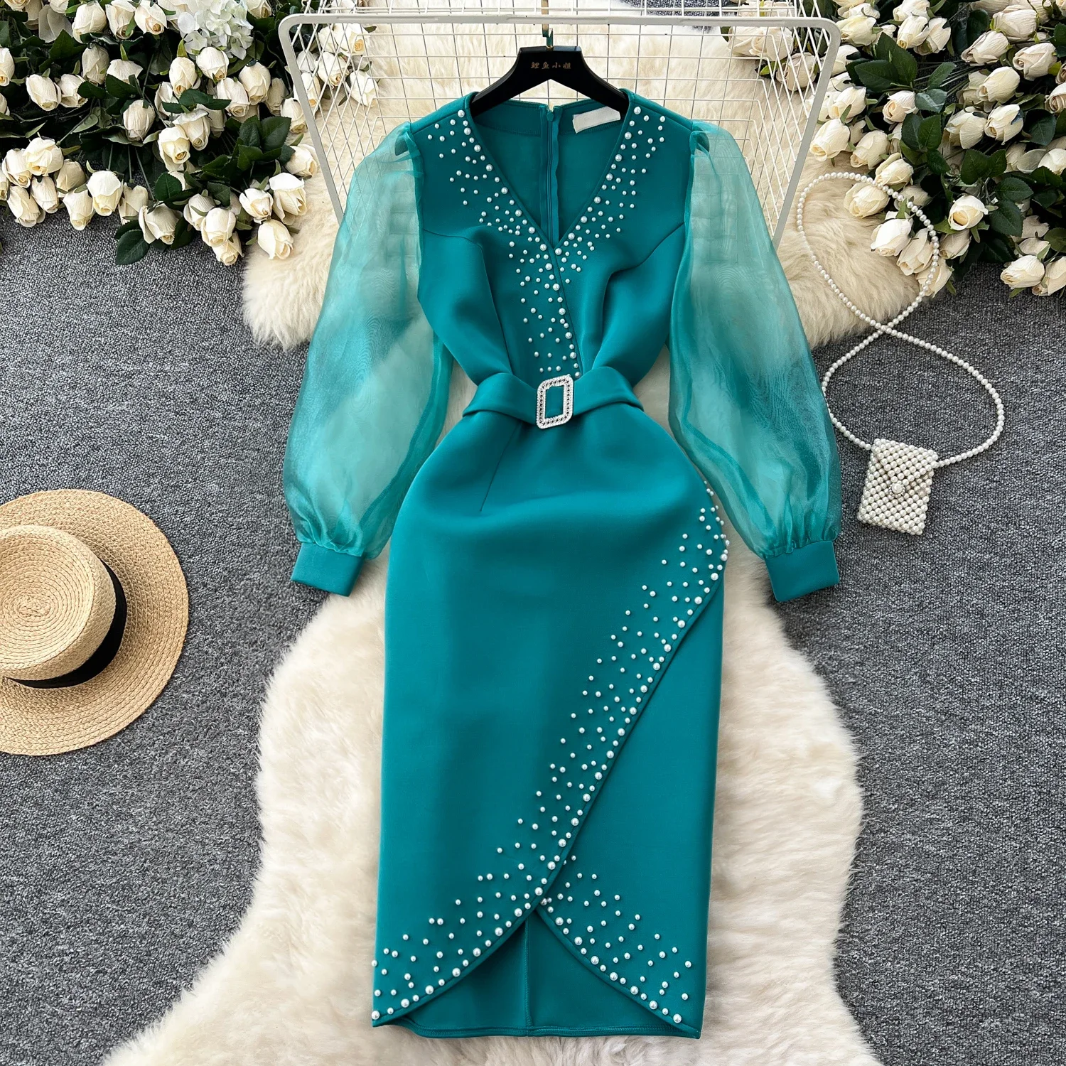 Elegant Embroidered Beads Vintage V-neck Spliced Mesh Sleeves Slim Fashion Long Dress Evening High Street Autumn Winter Clothing