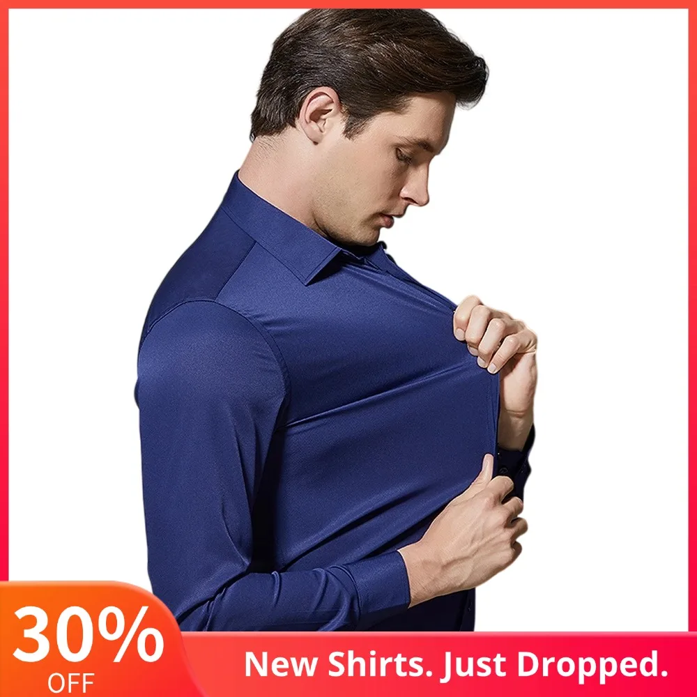 

Мужские гладкие эластичные неглазные классические рубашки с длинными рукавами и карманами, весенне-осенняя официальная деловая мужская одежда без морщин