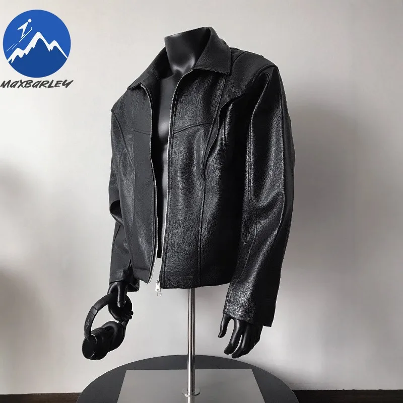 Maxbarley Leather Jacket Men Oversized Retro PU Faux Leather Short Jacket Autumn K-Pop Streetwear Zipper Moto Biker Coat Outwear