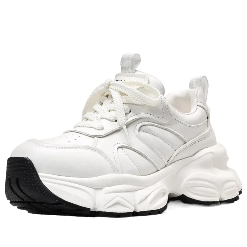 

Genuine Leather Daddy Shoes for Women's Height Increasing Sneakers Thick Soled Comfortable Breathable White Sports Casual Shoes