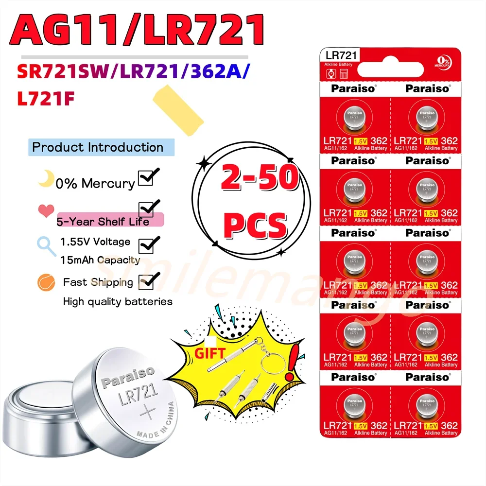 New High-Capacity AG11 LR721 1.55V Button Coin Cell SR721SW 362 361 162   Watch Battery 0%Hg Mercury Free for Watch Toys Remote