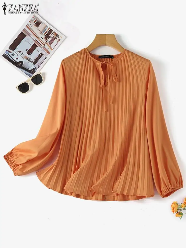 Women Solid Blouse ZANZEA Oversize 2023 Autumn Long Lantern Sleeve Tops Fashion Bowtie Neck Shirt Casual Hollow Out Pleats Blusa