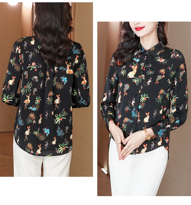 FANIECES blusas mujer Black Rabbit Print Blouse Shirts Women Long Sleeve Summer Autumn Lapel Button Casual Top Lady Shirts 6845