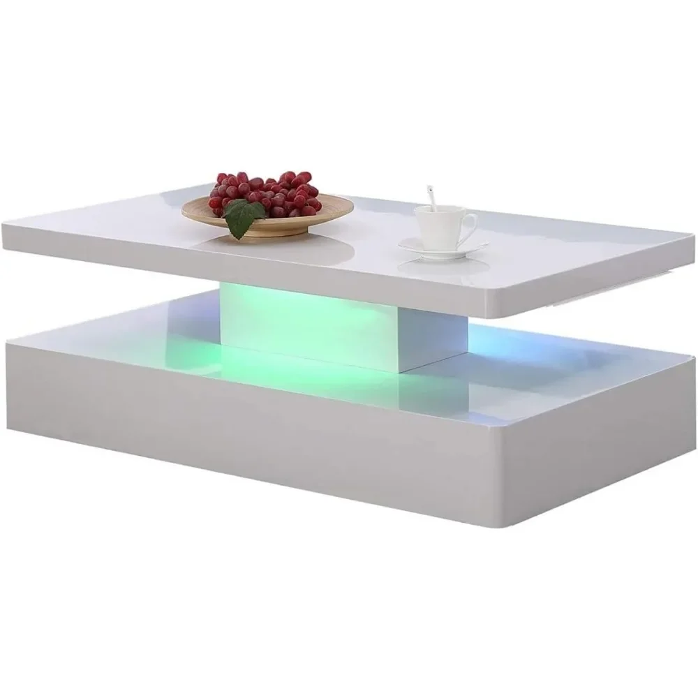 Mesa de centro moderna con luces LED, mesa de centro Rectangler de alto brillo de 44 pulgadas y 2 niveles para el hogar y la sala de estar