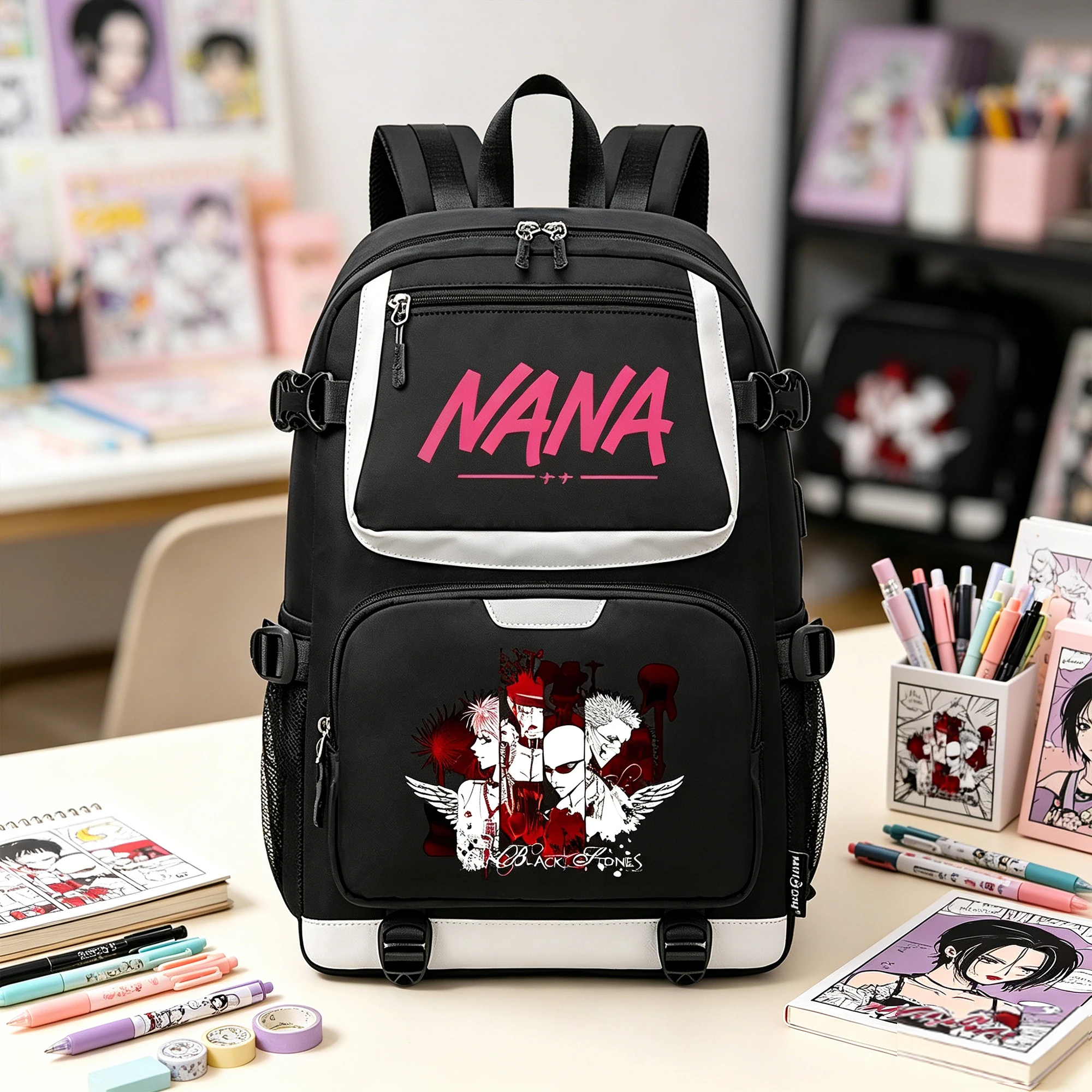 

Школьные сумки в стиле аниме NANA, сумка для книг с героями мультфильмов, большие женские дорожные сумки на плечо с зарядкой через USB, водонепроницаемый рюкзак для ноутбука, модный рюкзак