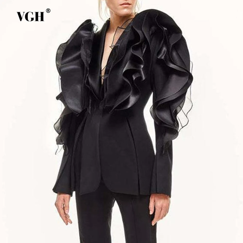 

VGH Fashionable Spliced Mesh Ruffles Jacket for Women Deep Neck Shoulder Pud Long Sleeve Slim Irregular Style Coat Female New