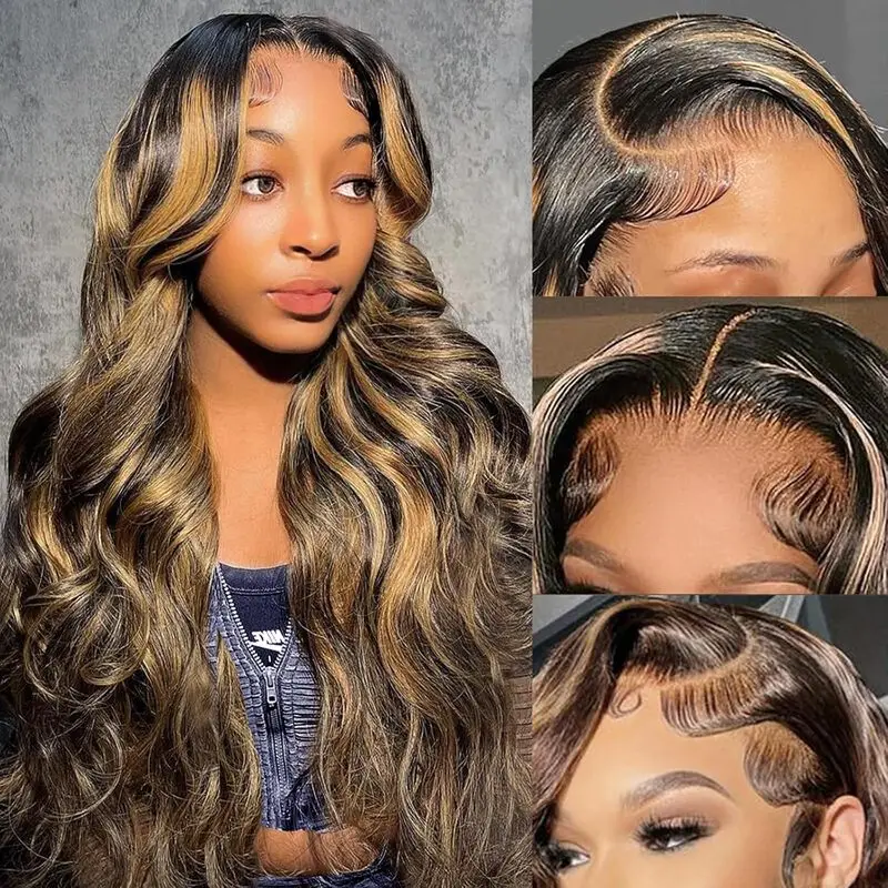 4/27 Colored Human Hair Lace Front Wigs Honey Blonde13x4 HD Transparent Highlight Human Hair 200% Density Body Wave