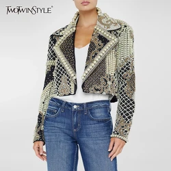 TWOTWINSTYLE Hit Kleur Gesplitste Parel Jassen voor Vrouwen Revers Lange Mouw Designer Chic Jassen Vrouwelijke Mode Nieuwe