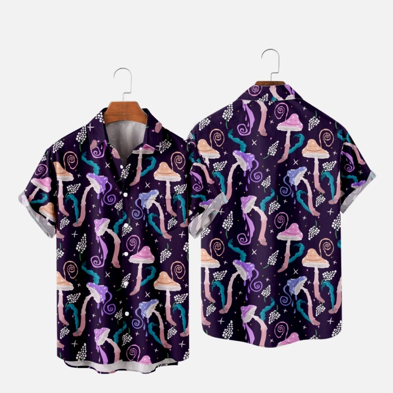 Men's Hawaiian T-Shirt for Women Mushroom Pattern 3D Printed  Collar Fleece Lined Thickened Special Wide Fit Shirt