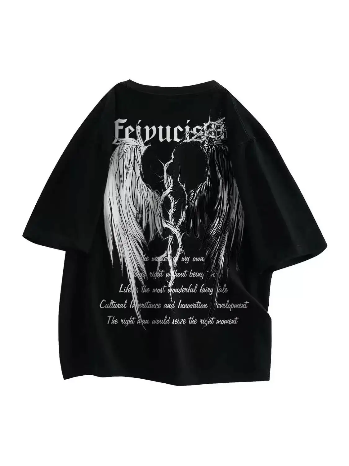 2026 Gothic Angel Demon Letter Print Short Sleeve T Shirt  American Vintage High Street Pure Cotton Loose Men Women Summer Tees