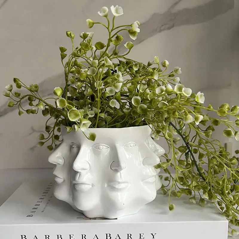 Nordics Style Flower Vase Human Head Multi Face Flower Pot Vase Ceramic Planter Art Craft Bedroom Living Room Desktop Decoration