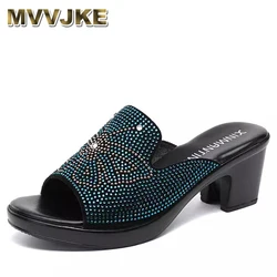 Women's Slippers  Summer New Open Toe Women Shoes High-heeled Non-slip Genuine Leather Bling Slides Sandals Women