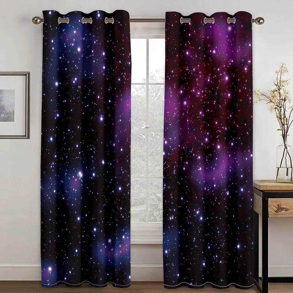 3D Cheap Blue Stars Galaxy Space Psychedelic Starry Sky 2 Pieces Shading Window Curtains for Living Room Bedroom Home Decor Hook