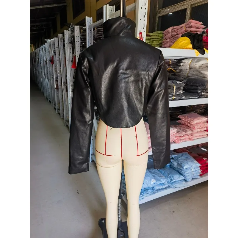 Foreign Trade Cross-border Fall Winter New Slim and Thin High-necked Solid-color Zipper Fish Bone Short Pu Leather Jacket Women