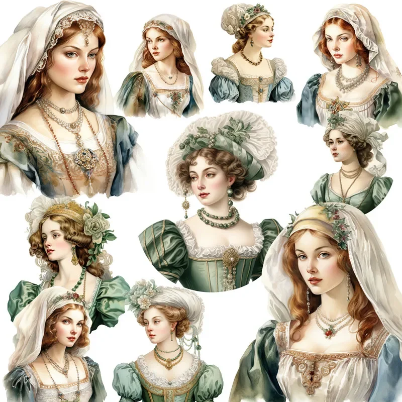 12Pcs/Pack Green European Aristocratic Girl Clothing Sticker DIY Craft Scrapbooking Album Junk Journal Decorative Stickers