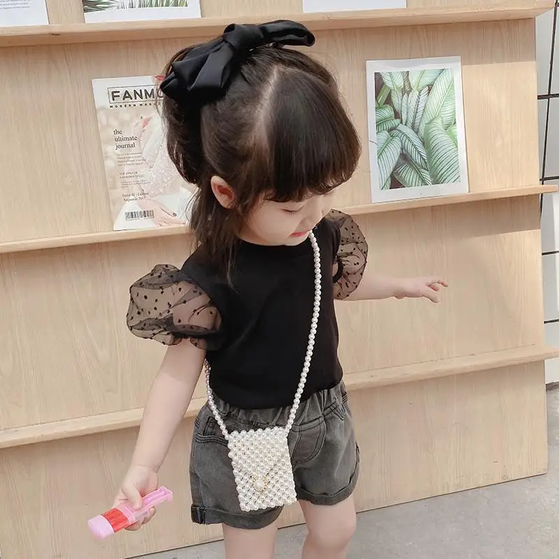 2024 Summer Girls Fashion Puffy Sleeve T-shirts Baby Kids Children Short Sleeve Tee Two Colors