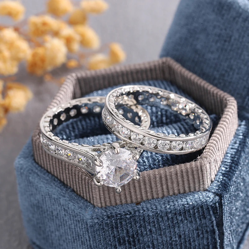 2Pcs Round Cut Cubic Zirconia Bridal Ring Set Silver Plated Solitaire Engagement Ring Eternity Wedding Band Promise Jewelry