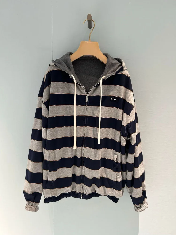 

Double-Sided Wear Hooded Zipper Sweatshirt Jacket Royalty High-Definition Spring New Logo Color Block Stripes Casual Style fo...