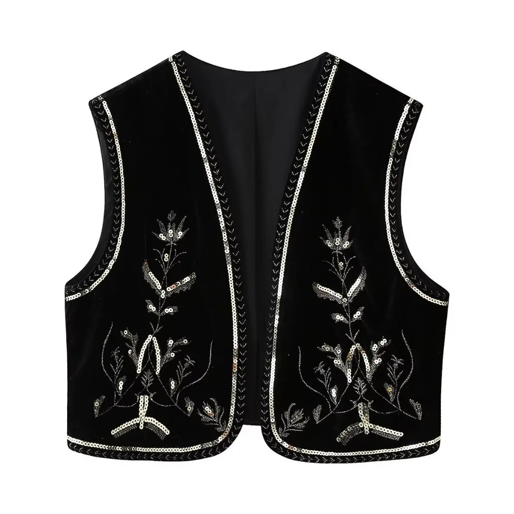 

Women's Sequined Embroidered Velvet Cardigan Short Vest Buckle Design Wholesale New Style from Europe And the United States