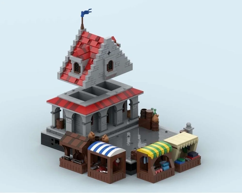 1455PCS MOC Medieval European Town Marketplace Scene Building Model Colorful Stall Diorama DIY Assembly Blocks Desktop Ornament