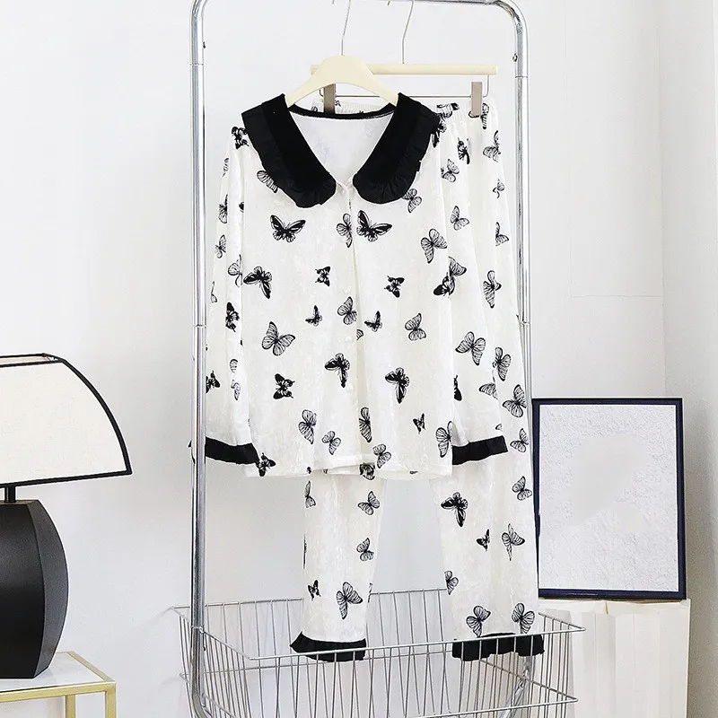 

Осенне-зимняя одежда для сна с принтом бабочки, велюровый пижамный комплект для женщин, повседневная домашняя одежда, брюки на пуговицах, свободная ночная рубашка