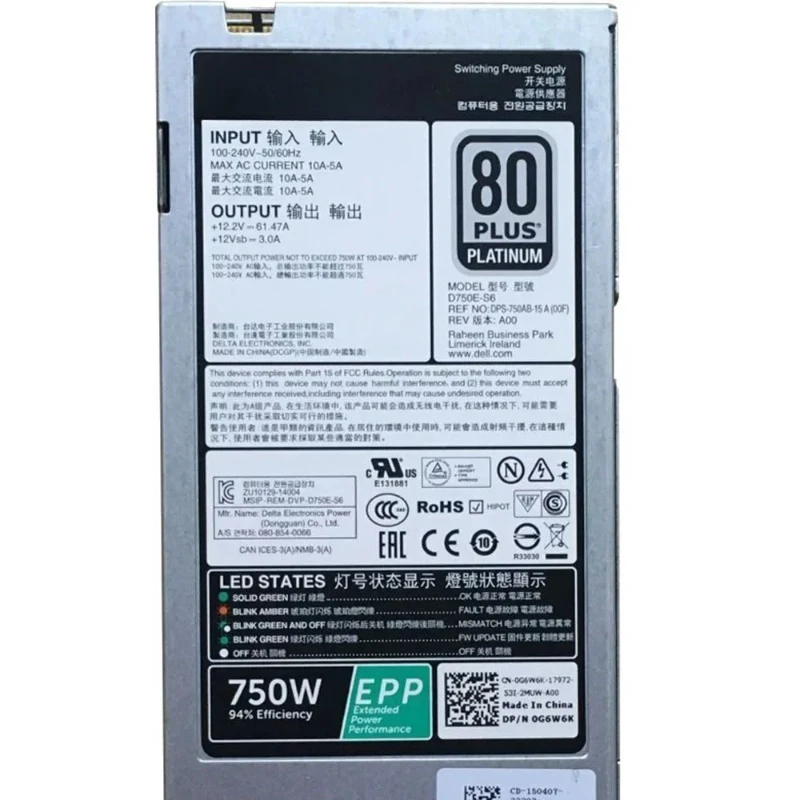 Original for R730 R630 R730XD R530 T630 495W/750W/1100W EPP Server Power Supply G6W6K 02FR04