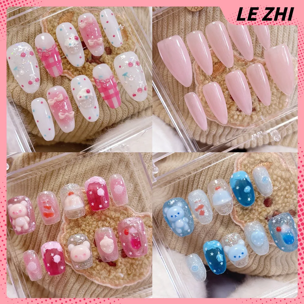 

10Pcs Kawaii 3D Jelly Gelsoft Clean Fresh Minimalist Handmade Pastel Style Press On Nail Reusable Fake Nail Short Nail Tips