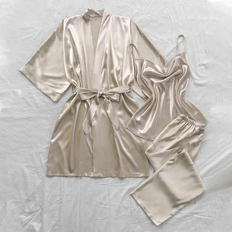 3 Piece V-neck Women's Pajamas Solid Color  Robe And Halter Pajamas Polyester Women's  Set Female Silk Satin