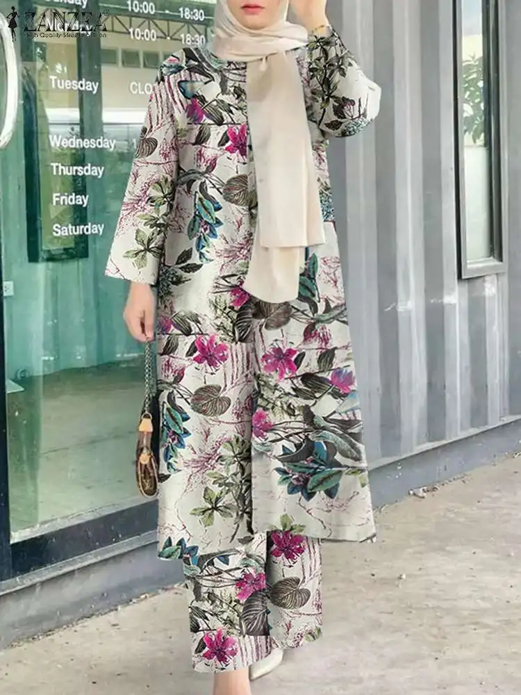 ZANZEA Vintage kobiety z długim rękawem bluzka Pant zestawy 2 sztuk Floral wydrukowano luźne Outifits Retro spodnie na codzień garnitur muzułmańskie