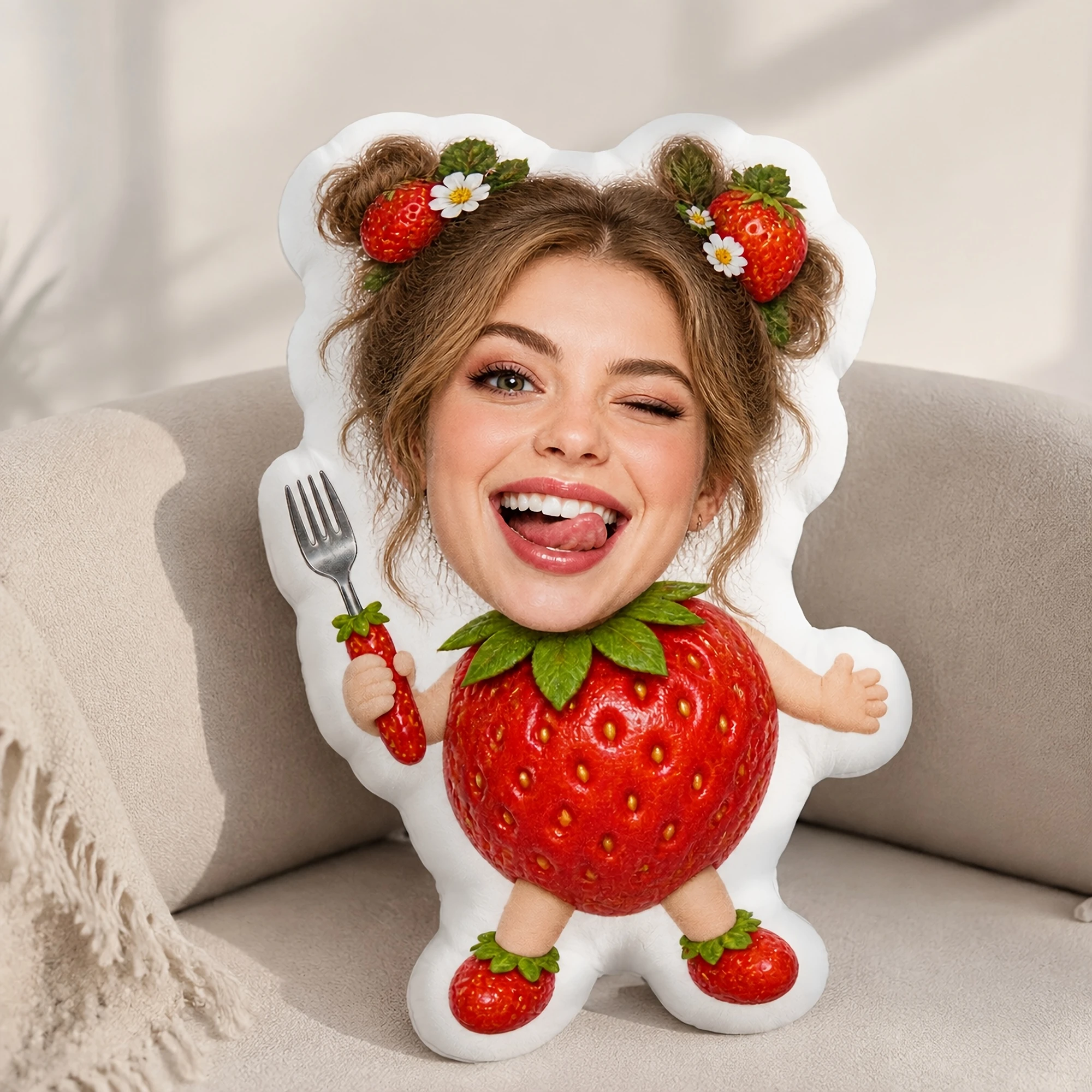 1pc Custom Double-Sided Printed Creative Funny Irregular Strawberry Shaped Throw Pillow, Playful Decor for Bedroom Sofa And Part