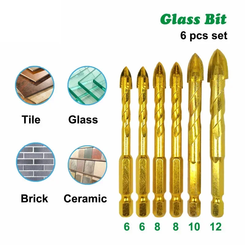 

6 шт./компл. 1/4 "шестигранный хвостовик, поворотные стеклянные сверла, титановые керамические сверла, набор сверл для сверления 6, 8, 10, 12 мм, плитка, бетон, крестообразный наконечник, отверстие, плитка