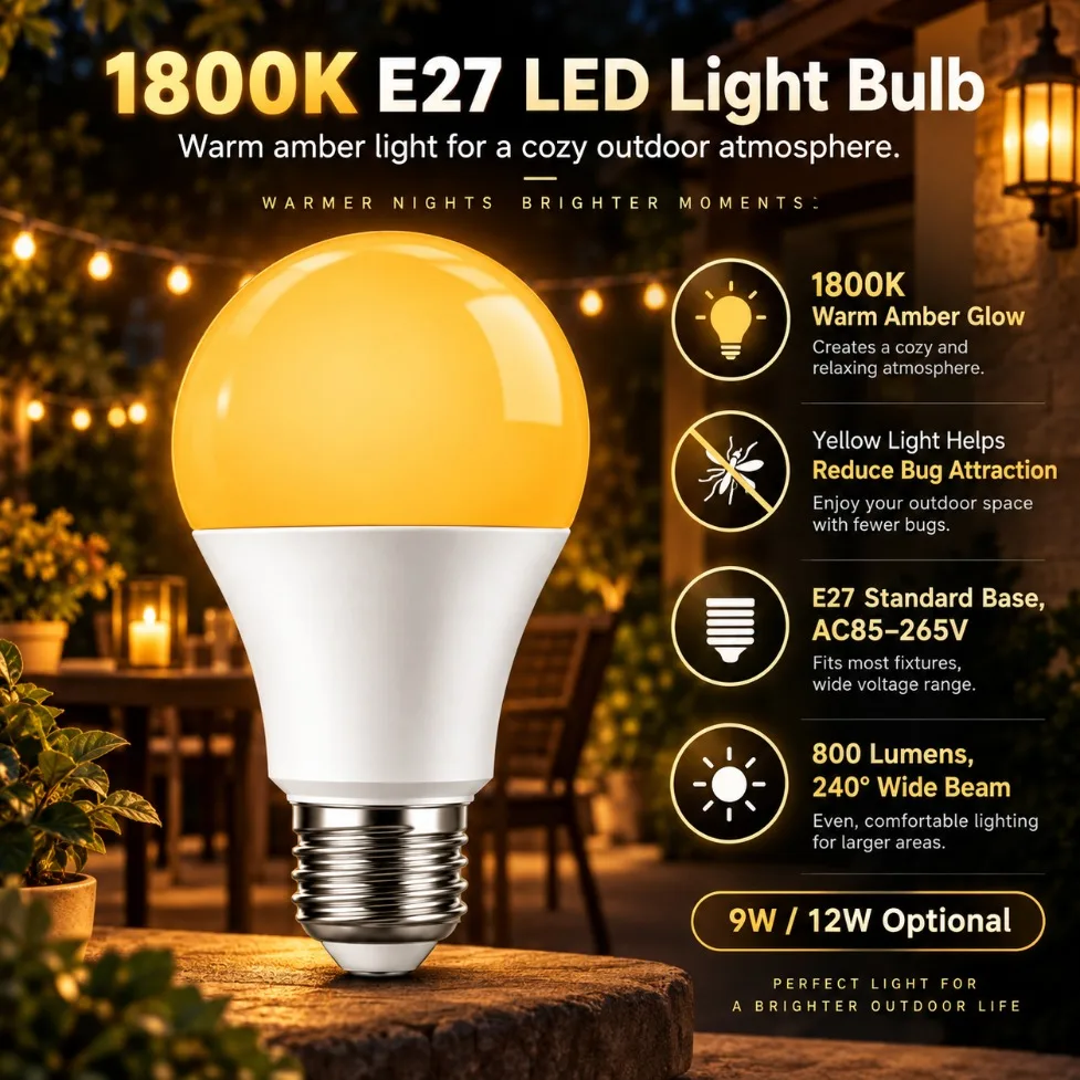 1800K Amber A19 LED Sleep Light Bulb 9W/12W E27 AC85-265V Warm Glow Healthy Sleep for Bedside Corridor Wall Home Lighting