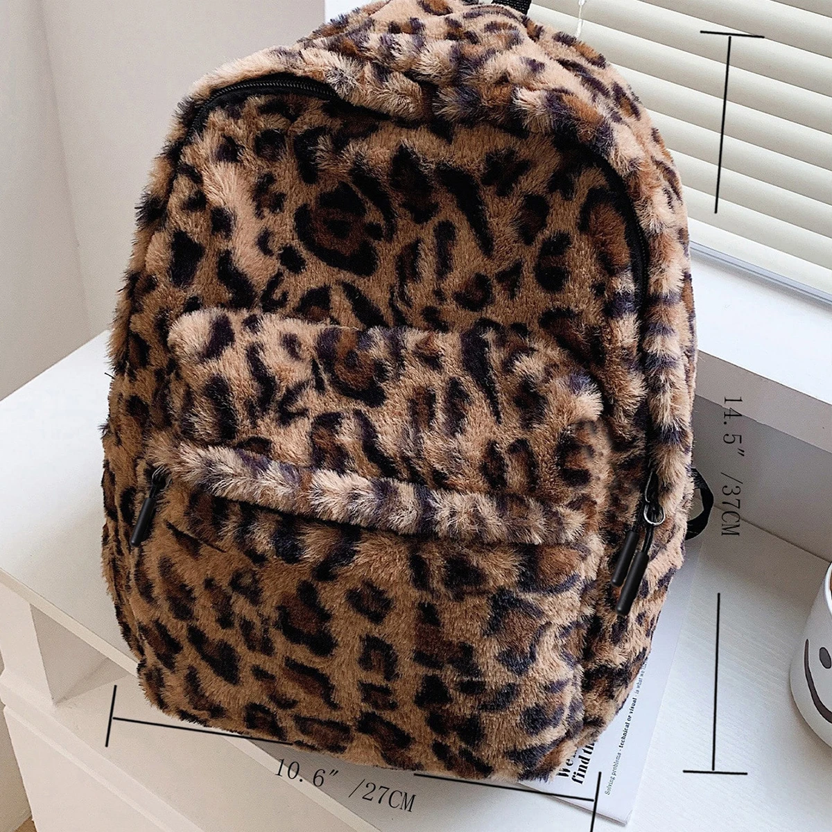 Ransel Wanita Mewah Motif Leopard Cokelat Pola Multi Kantong Kapasitas Besar Bahan Plush Ritsleting Tali Dapat Disesuaikan untuk Perjalanan