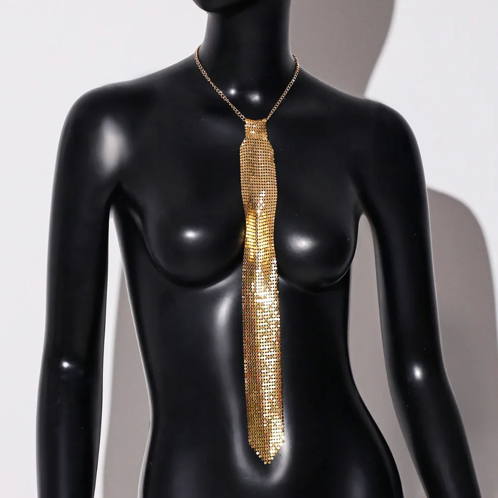 

Shiny Narrow Crystal Rhinestone Neck Tie Soft Necklace Metal Sequin Necktie Gold Adjustable Glitter Cravat Party