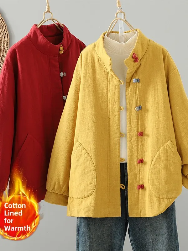 

Thiened Cotton Jaet Women's Large Size Winter Outerwear Warm Ethnic Sle Button Casual Loose Fit Long Sve