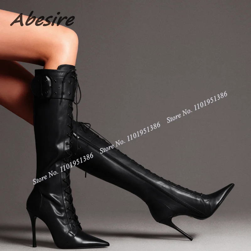 

Abesire New Black Cross Tied Buckle Decor Boots Lace up Boots Knee High Pointed Toe Shoes for Women High Heels Zapatillas Mujer