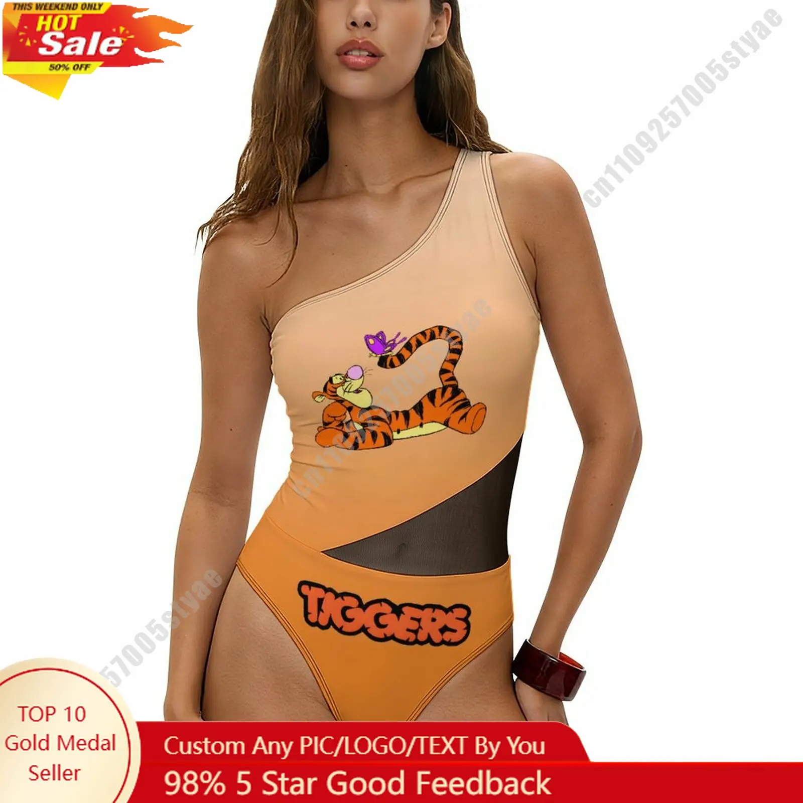 

Tigger Swimwear Disney Cartoon Women Mesh One Piece Swimsuit Summer Fashion Beachwear Tummy Control One Shoulder Swimsuit