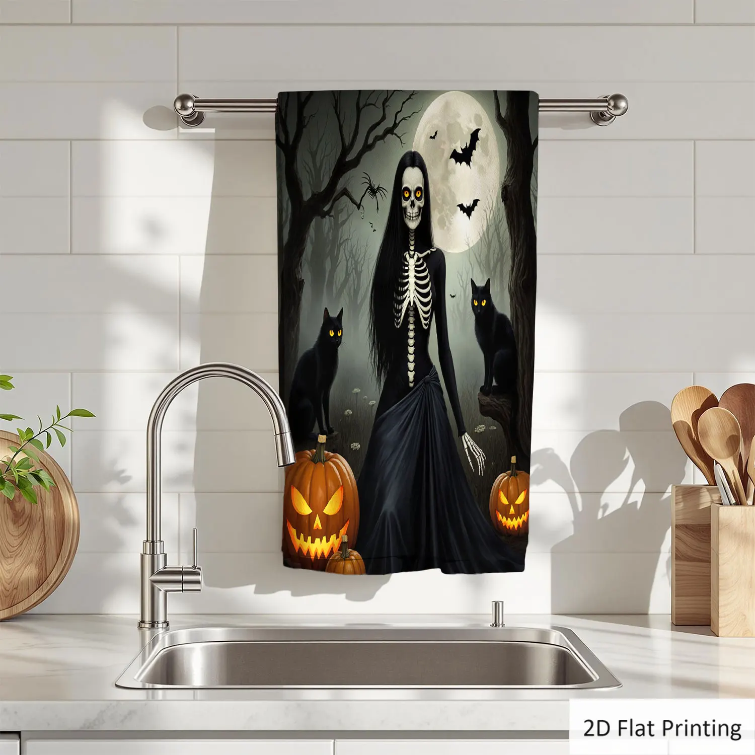 

1Pc Halloween Skeleton Black Cats Pumpkins Bathroom Hand Towel Bath Towel, Multiple Size Microfiber Polyester Towel, Unique Home Decorative Kitchen Towels, Festival Bathroom Accessories Decor, Quick Dry and Absorbent