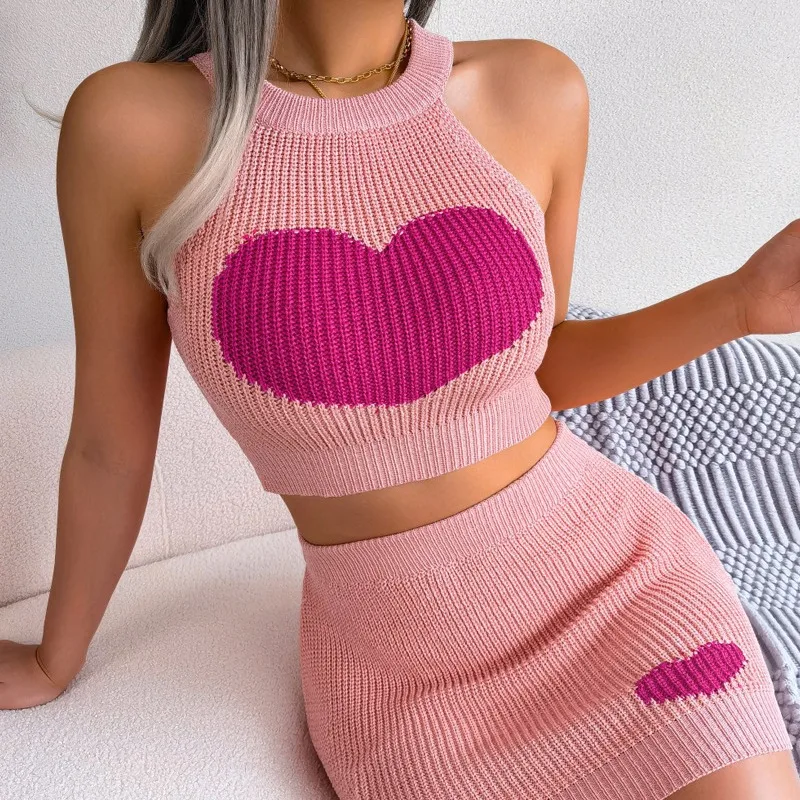 

New Arrivals Fashion 2024 Spring Summer New Women's Clothing Casual Love Contrast Color Midriff-Baring Top Hip Skirt Suit