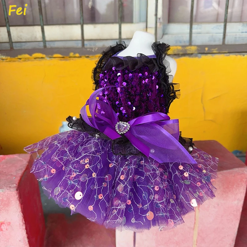 

Luxury Purple Sequin Dog Gown - Crystal Bow & Lace Handmade Party Wear for Chihuahua, Small Dog Adjustable Skirt