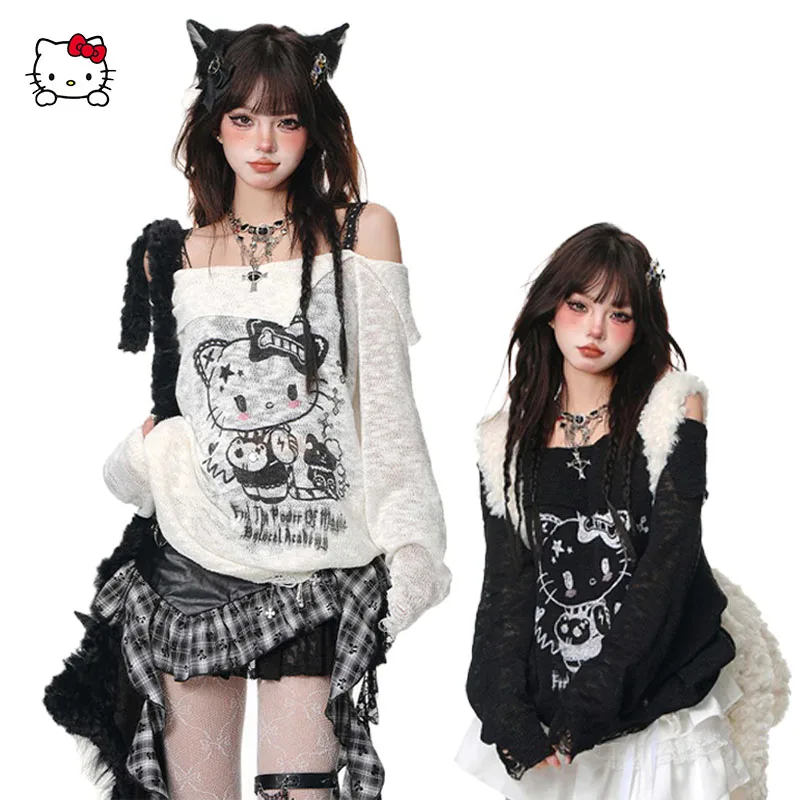 Sanrioed Hello Kittys American Style Long Sleeved T-Shirt Women's Summer Loose Y2K Spicy Girl Off Shoulder Fake Two Piece Tops