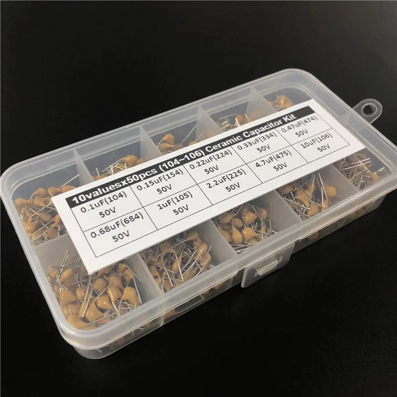 500pcs 10Valuesx50 0.1uF~10uF (104~106) Multilayer/Monolithic Ceramic Capacitor Assorted kit with storage box