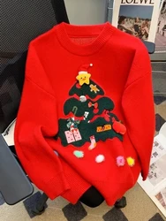 Zoki Retro Cute Red Sweaters Women Loose Christmas Tree Knitted Pullovers Japan Lazy Wind Casual Vintage Female Kawaii Jumpers